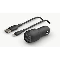 Adaptador de corriente para el coche, 24 vatios, 4.8 A, 2 conectores de salida (USB), en el cable: Lightning, negro